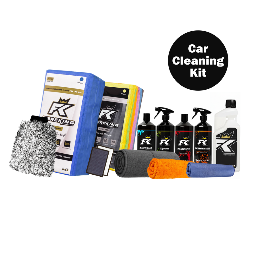 FibreKing Complete Car Cleaning Kit laid out with cloth packs, wash mitt, towels and five bottles