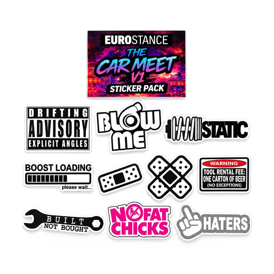 EuroStance Car Meet v1 Sticker Pack: header card and all 10 stickers, product photo on white