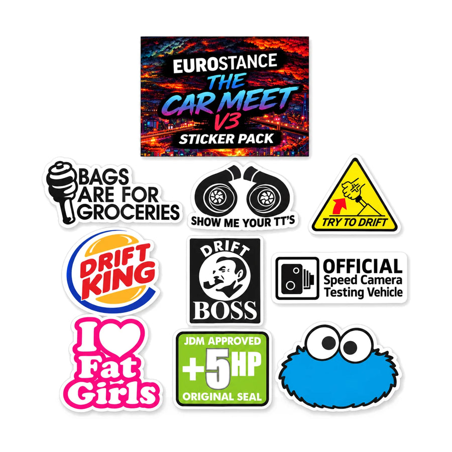 EuroStance Car Meet v3 Sticker Pack: header card and all 9 stickers, product photo on white