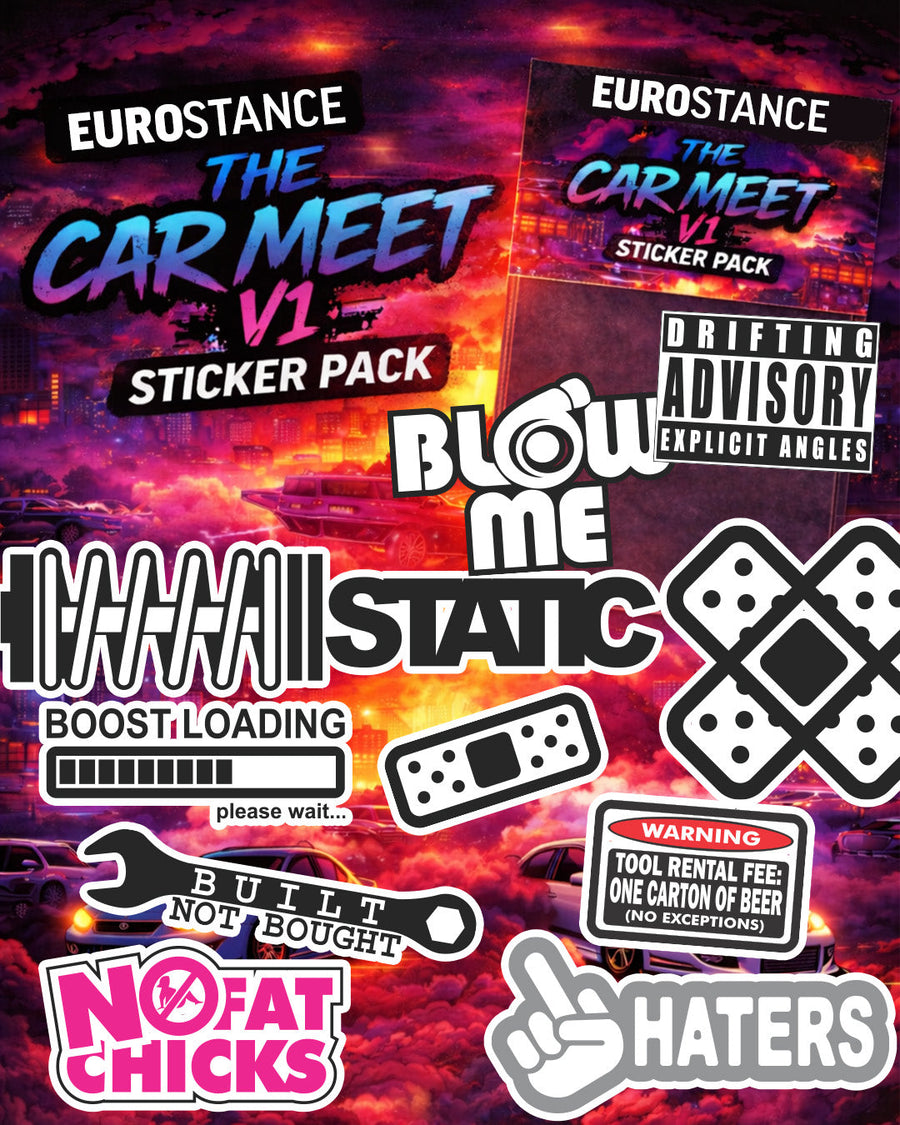 EuroStance Car Meet v1 Sticker Pack, pack cover and stickers over a red sky backdrop