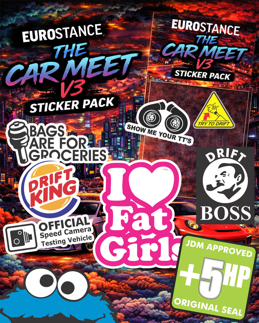 EuroStance Car Meet v3 Sticker Pack, pack cover and stickers over a neon city backdrop