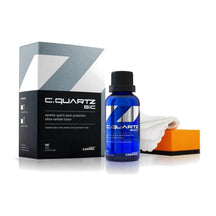 CarPro SiC CQuartz 50ml coating kit with its grey and black box, blue bottle, applicator block and cloth, product photo on white