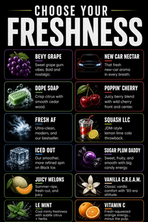 Scent chart for Bio-Bombs Bio-Fresh Bars showing twelve scents with pictures and short descriptions