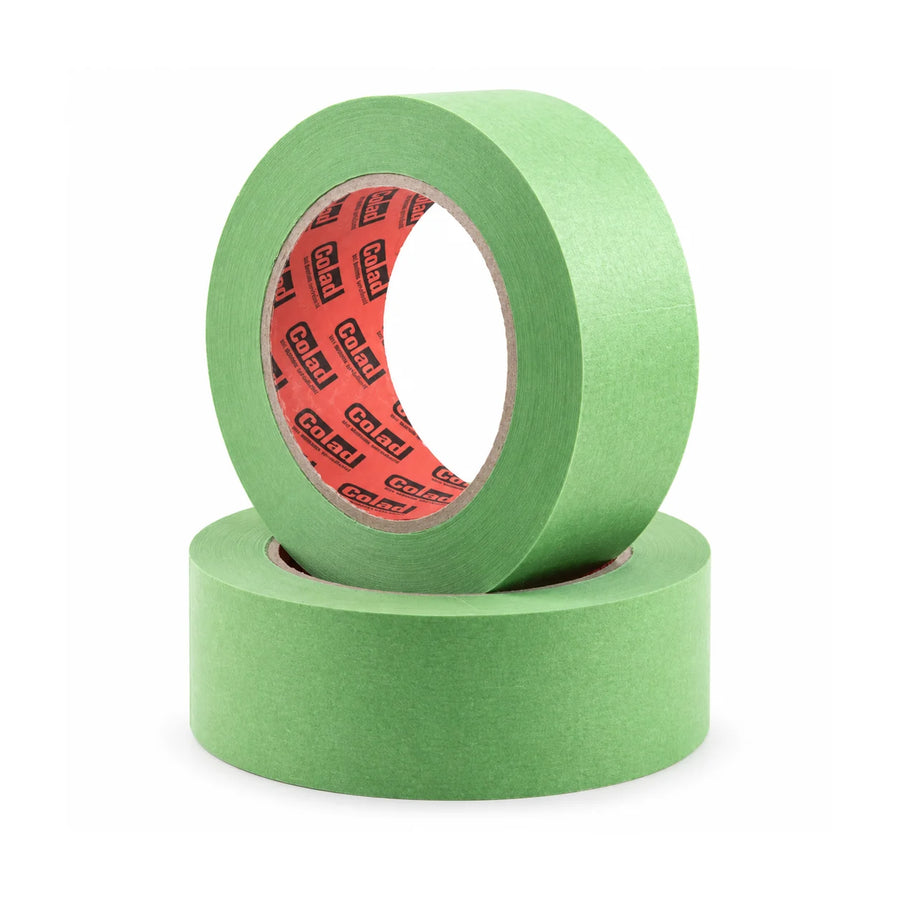 Two rolls of Colad Aqua Dynamic 50mm light green masking tape with red Colad printed cores, one standing on the other, studio photo on white