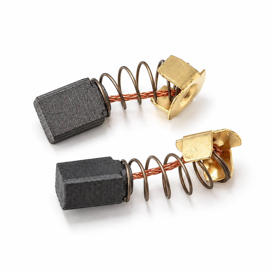 Pair of DAS 6 Pro replacement carbon motor brushes, each with a carbon block, copper lead, steel spring and brass clip, studio photo on white