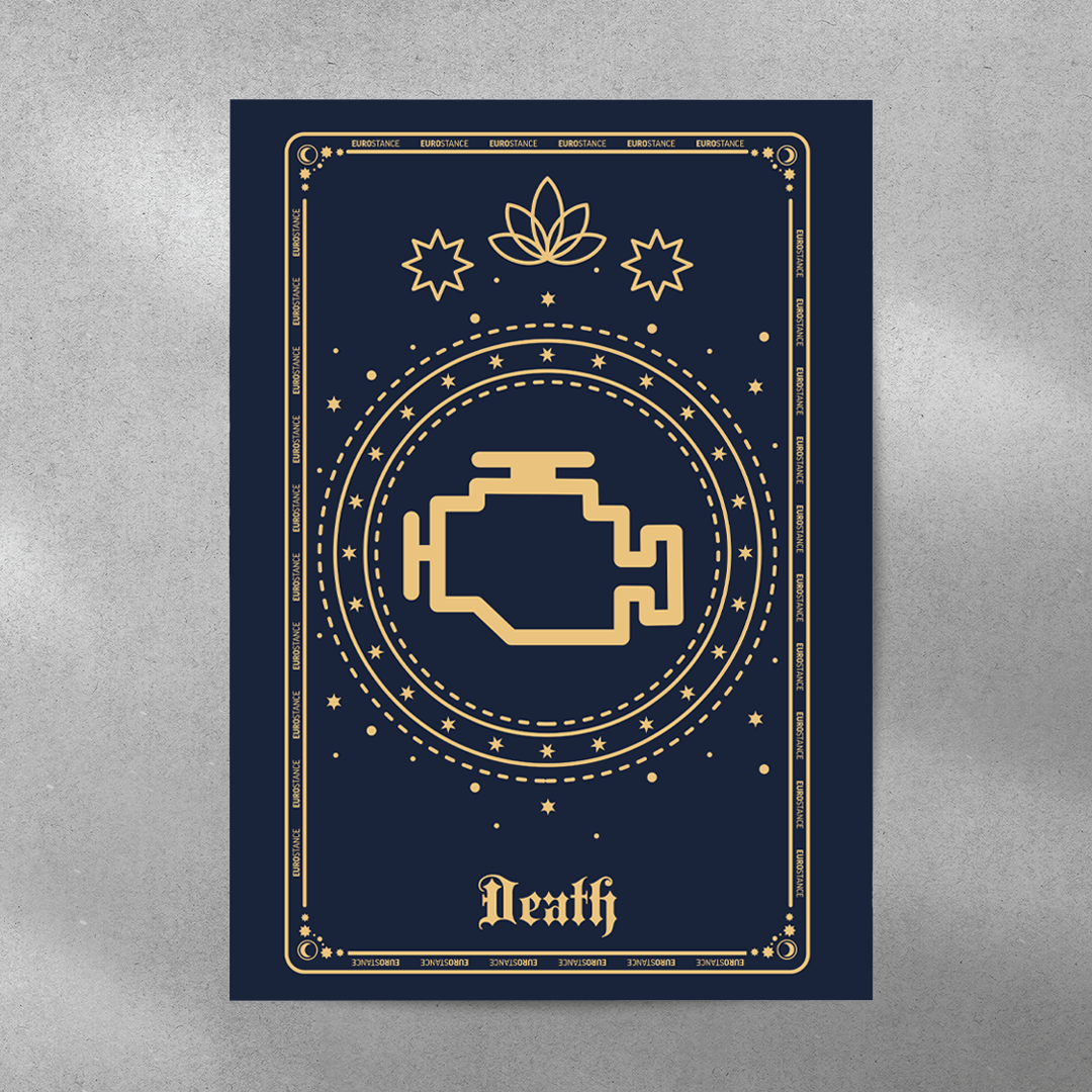 EuroStance Tarot Death Poster, a navy and gold tarot card showing a check engine light symbol