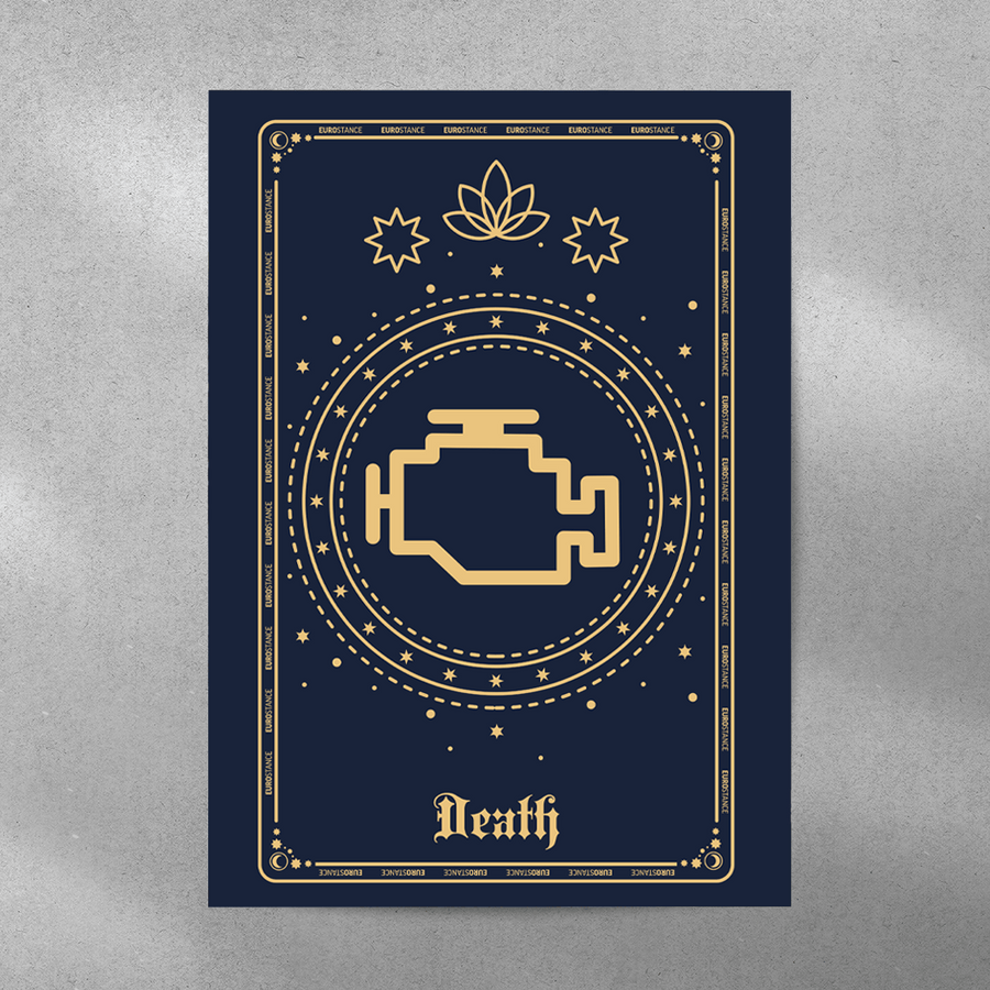 EuroStance Tarot Death Poster, a navy and gold tarot card showing a check engine light symbol