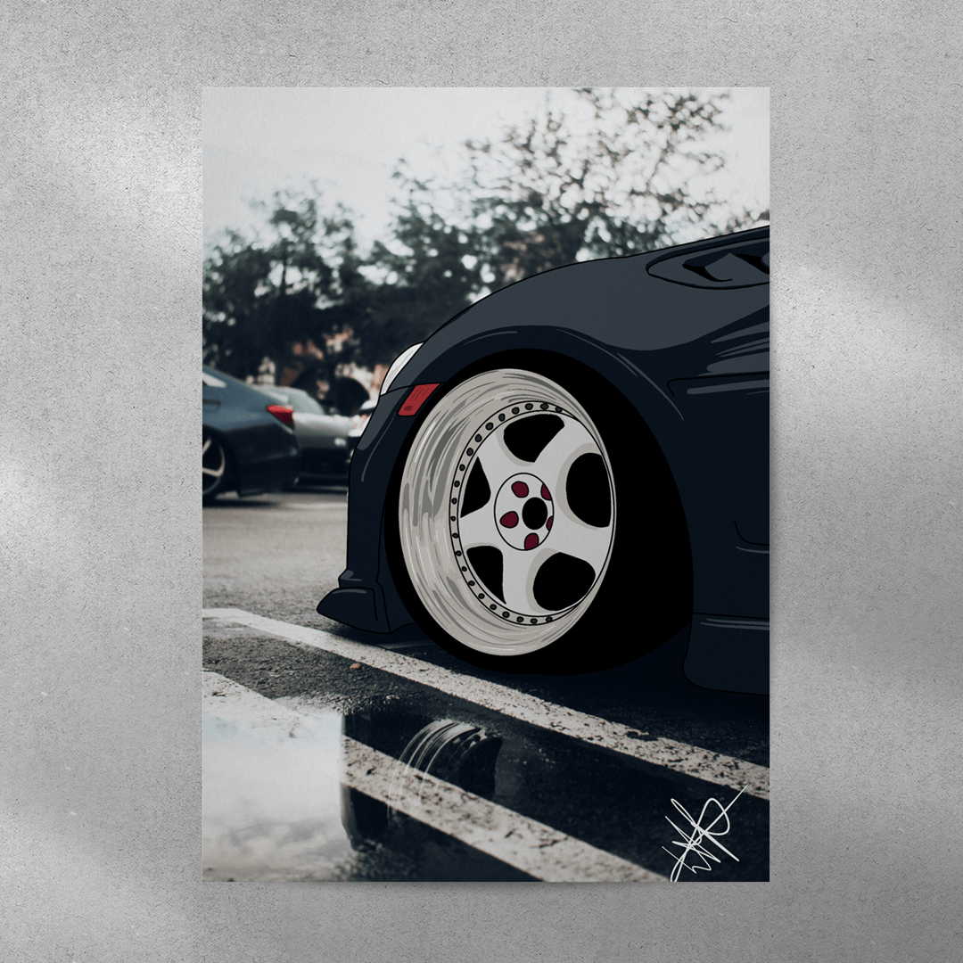 EuroStance The Dishes Poster, artwork of a lowered dark car's white deep dish front wheel