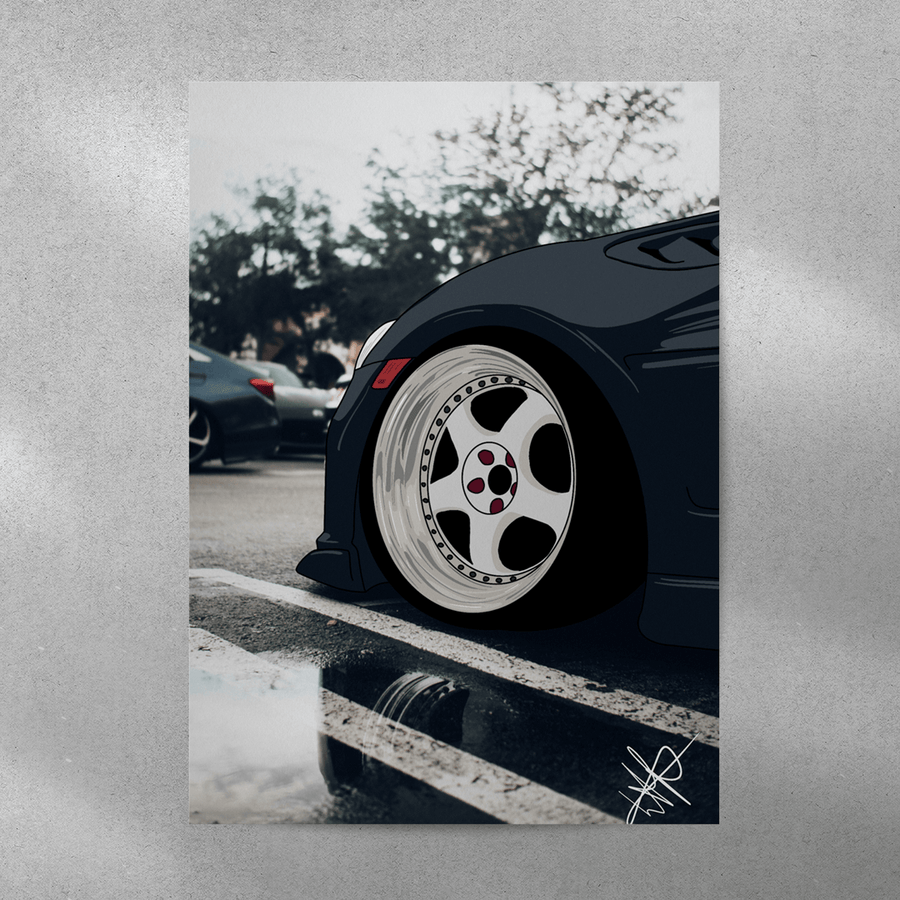 EuroStance The Dishes Poster, artwork of a lowered dark car's white deep dish front wheel