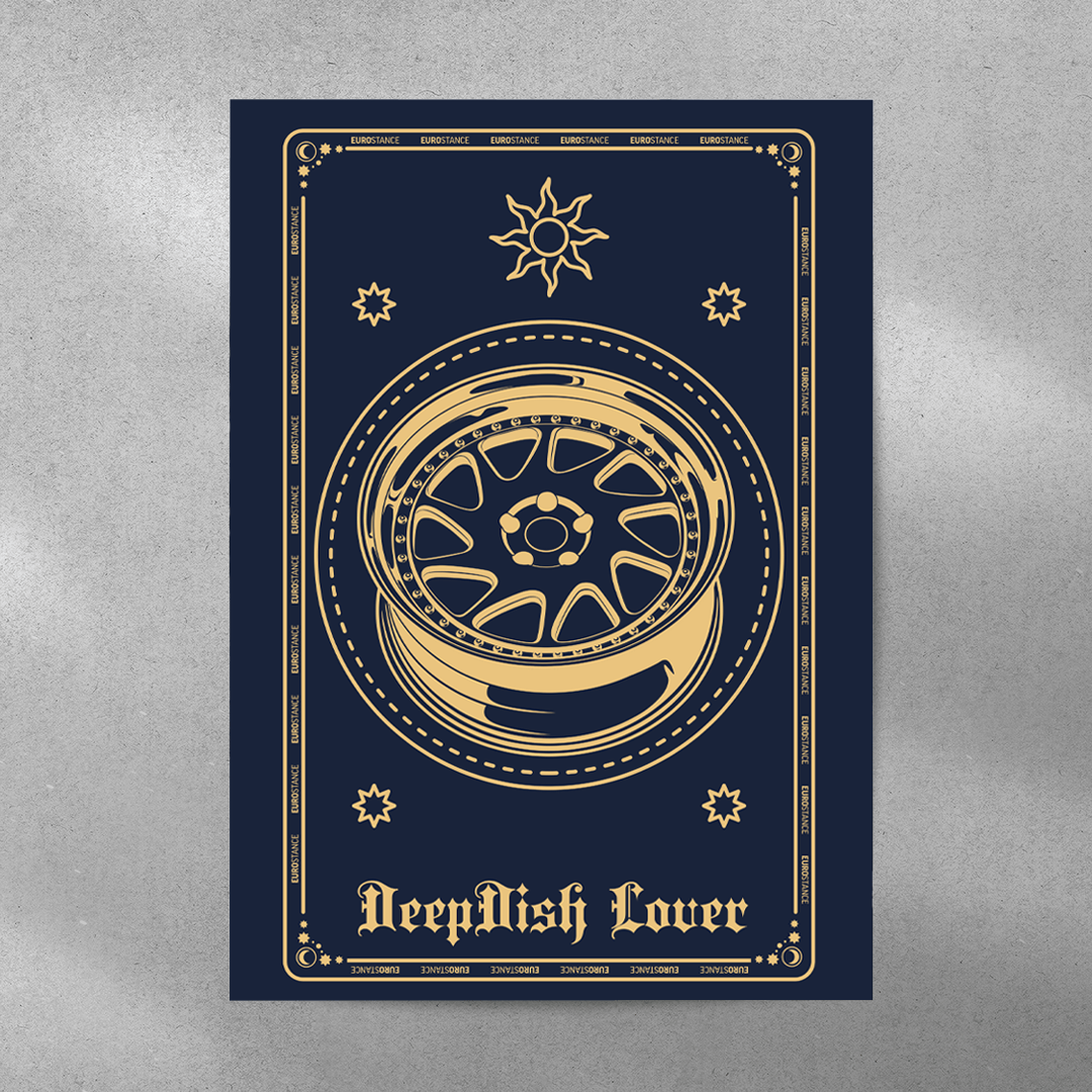 EuroStance Tarot DeepDish Lover Poster, a navy and gold tarot card showing a deep dish wheel