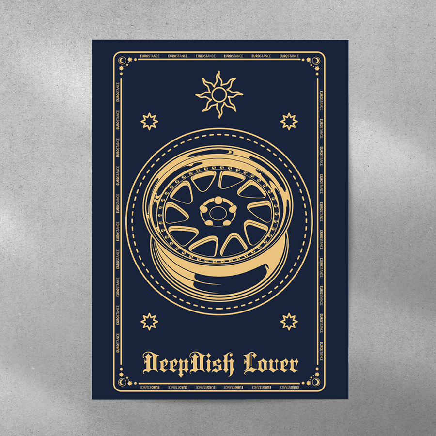 EuroStance Tarot DeepDish Lover Poster, a navy and gold tarot card showing a deep dish wheel