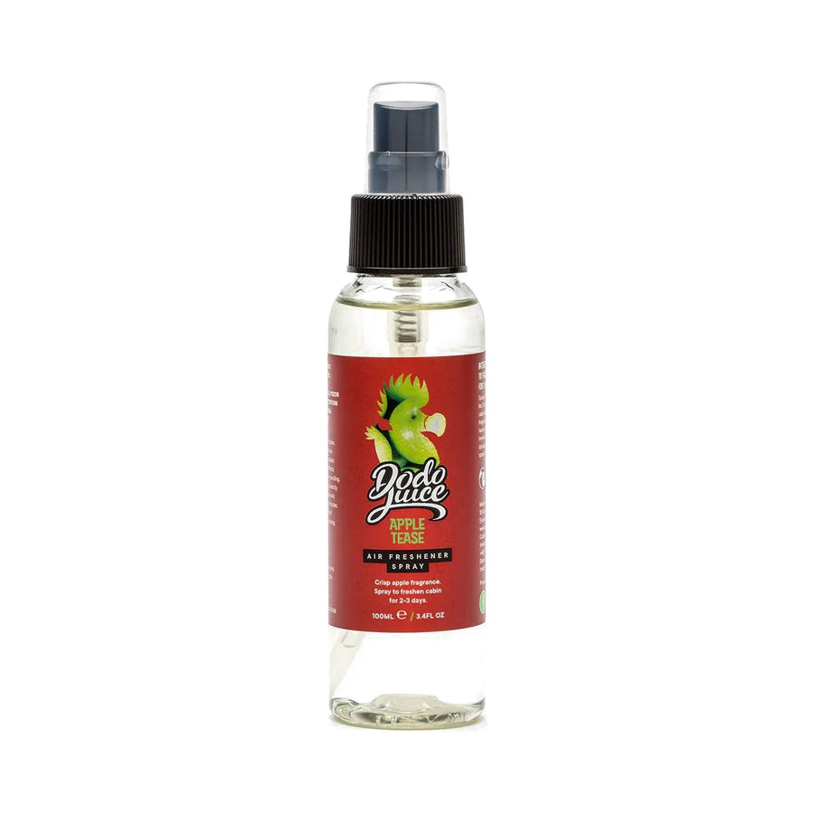 Dodo Juice Apple Tease 100ml air freshener spray in a clear bottle with a red label, product photo on white