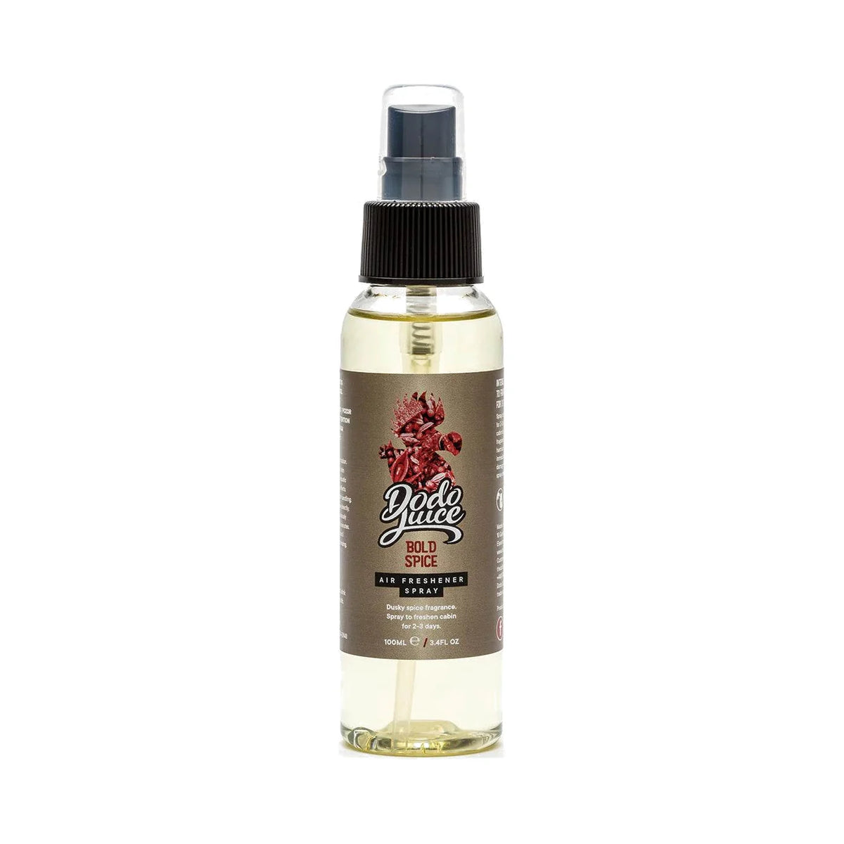 Dodo Juice Bold Spice 100ml air freshener spray with pale amber liquid and a brown label, product photo on white