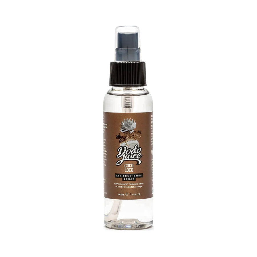 Dodo Juice Coco Loco 100ml air freshener spray in a clear bottle with a brown label, product photo on white