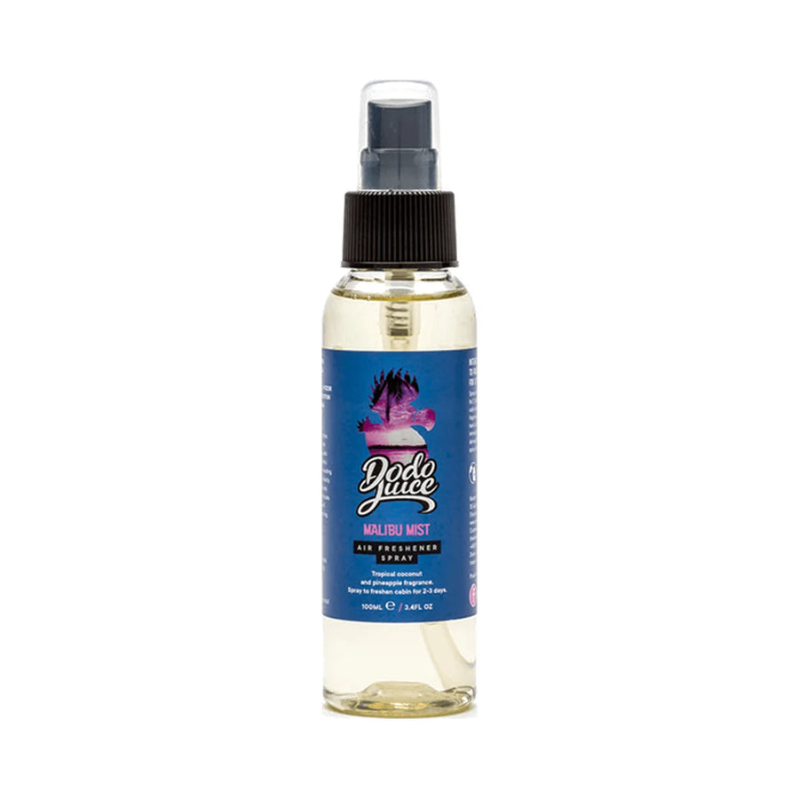 Dodo Juice Malibu Mist 100ml air freshener spray with pale liquid and a blue label, product photo on white