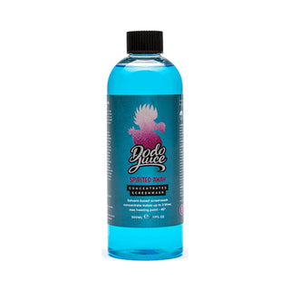 Dodo Juice Spirited Away 500ml concentrated screenwash bottle with blue liquid and a teal label, product photo on white