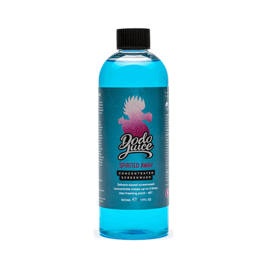 Dodo Juice Spirited Away 500ml concentrated screenwash bottle with blue liquid and a teal label, product photo on white