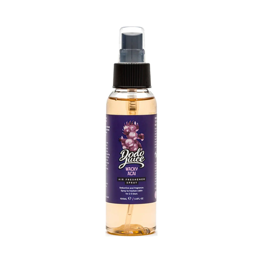 Dodo Juice Wacky Acai 100ml air freshener spray with peach coloured liquid and a purple label, product photo on white
