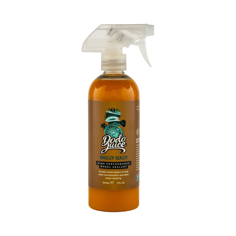 Dodo Juice Wheeler Sealer nano wheel sealant 500ml trigger bottle with amber liquid and a bronze label, product photo on white