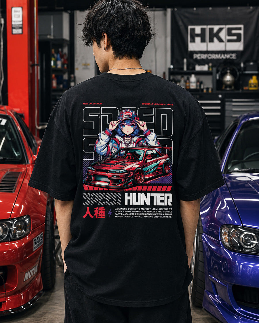 EuroStance Speed Hunter Dope Tee worn in a workshop, anime girl and red car back print
