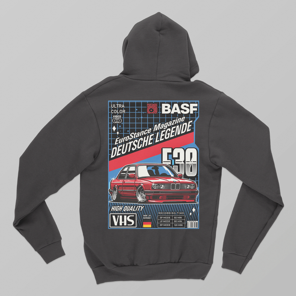EuroStance E30 VHS Retro Hoodie, back of the dark grey hoodie with red E30 cassette print