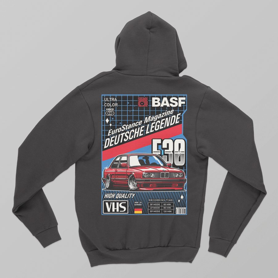 EuroStance E30 VHS Retro Hoodie, back of the dark grey hoodie with red E30 cassette print