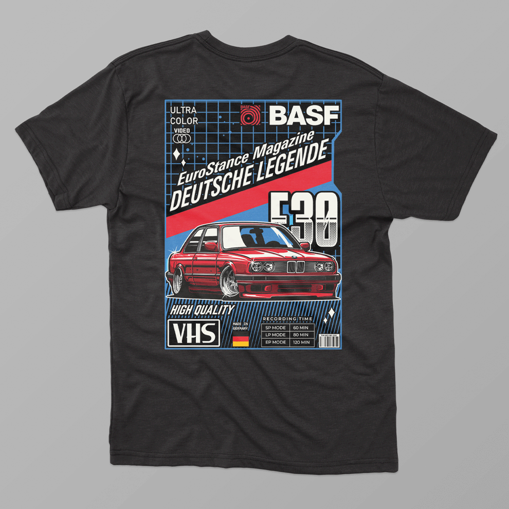 EuroStance E30 VHS Retro Tee, back of the black tee with red E30 cassette print
