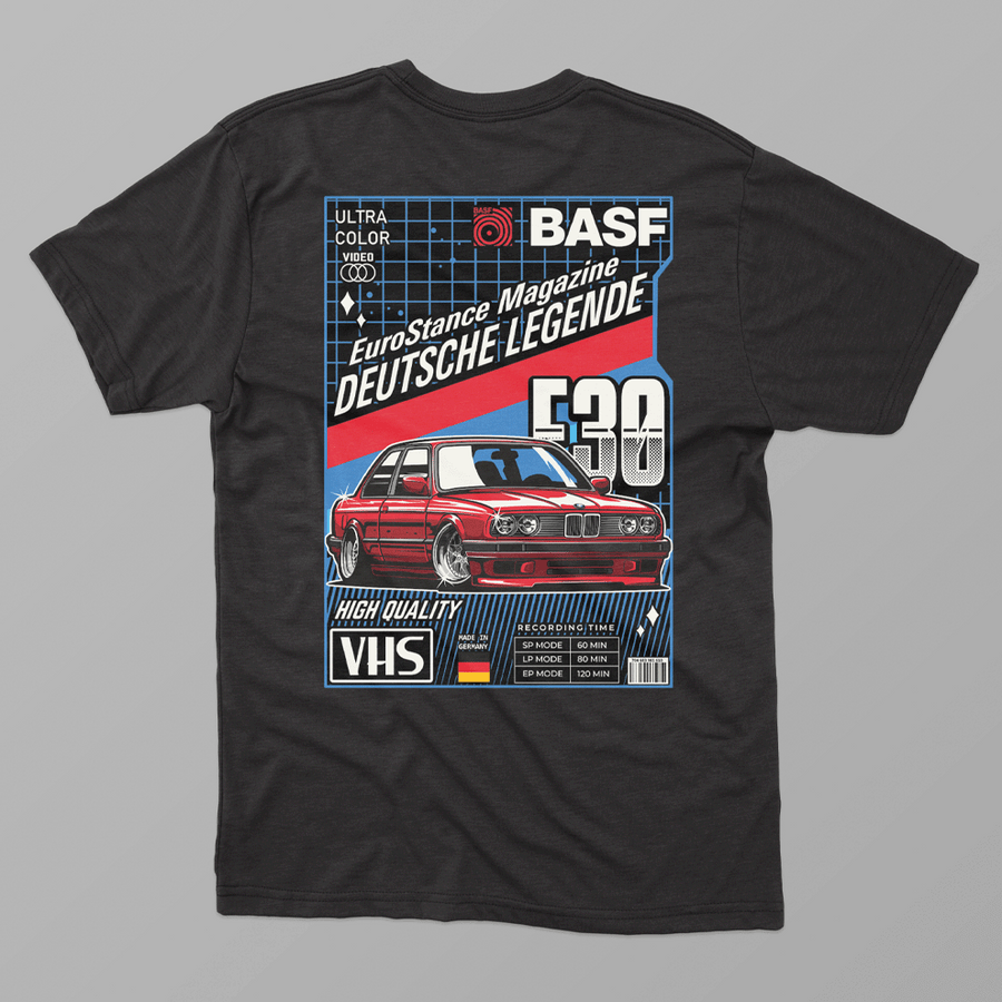 EuroStance E30 VHS Retro Tee, back of the black tee with red E30 cassette print