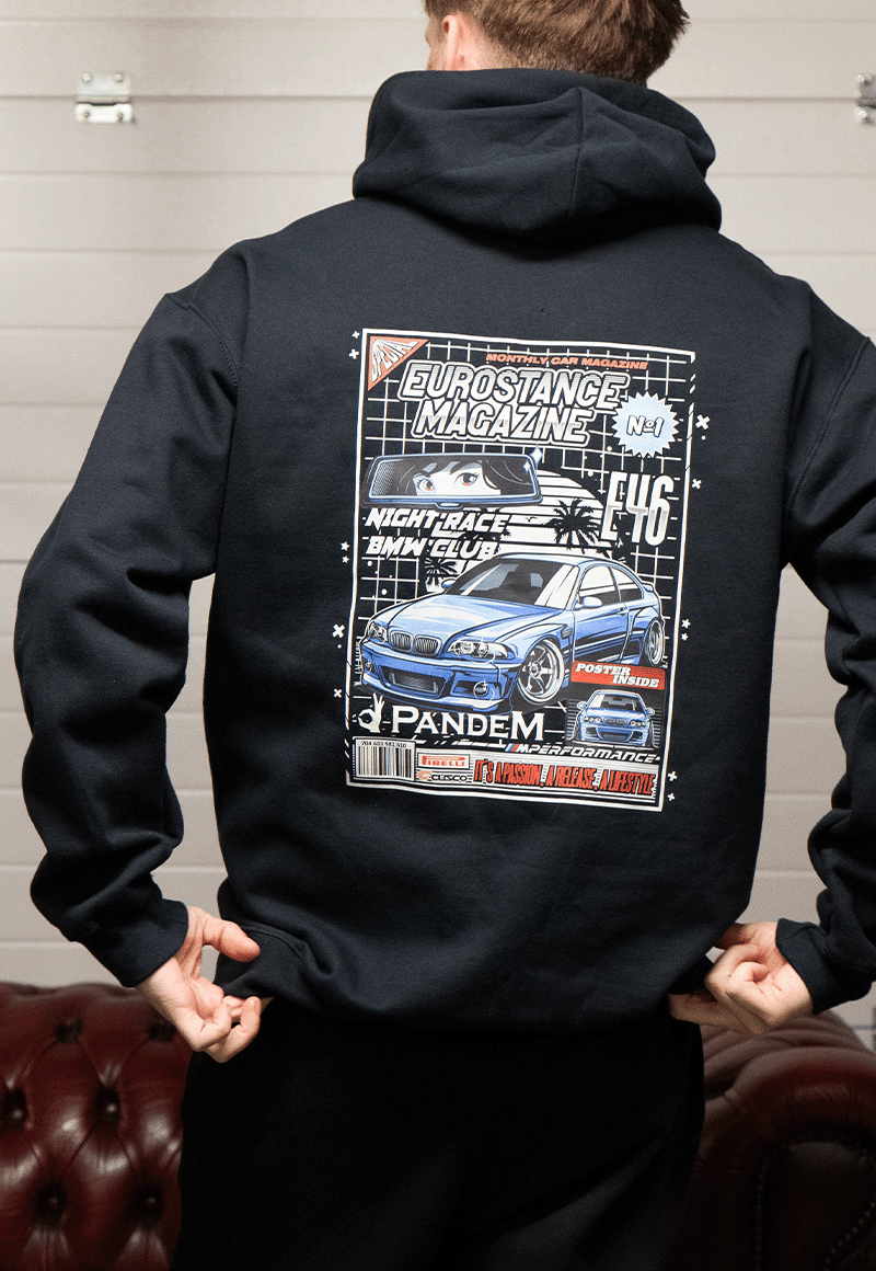 EuroStance E46 Mag Hoodie on a model from behind, showing the blue E46 magazine cover print