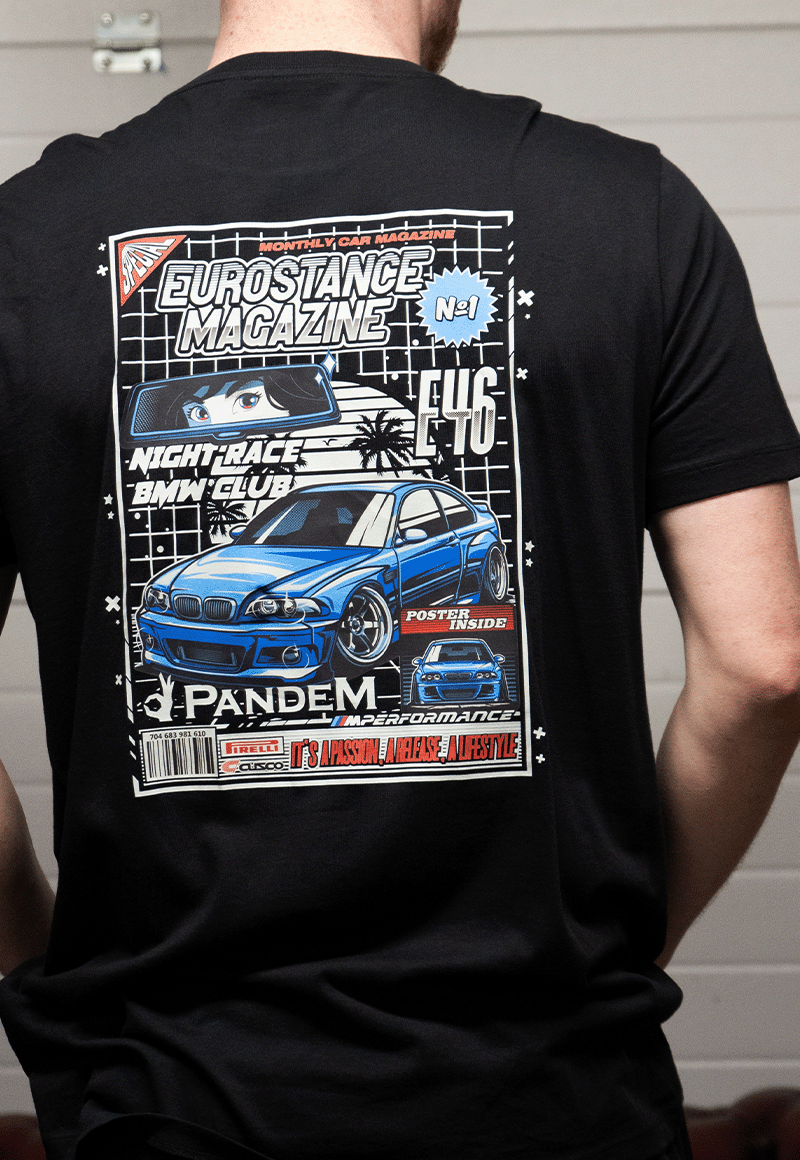 EuroStance E46 Mag Tee on a model from behind, showing the blue E46 magazine cover print