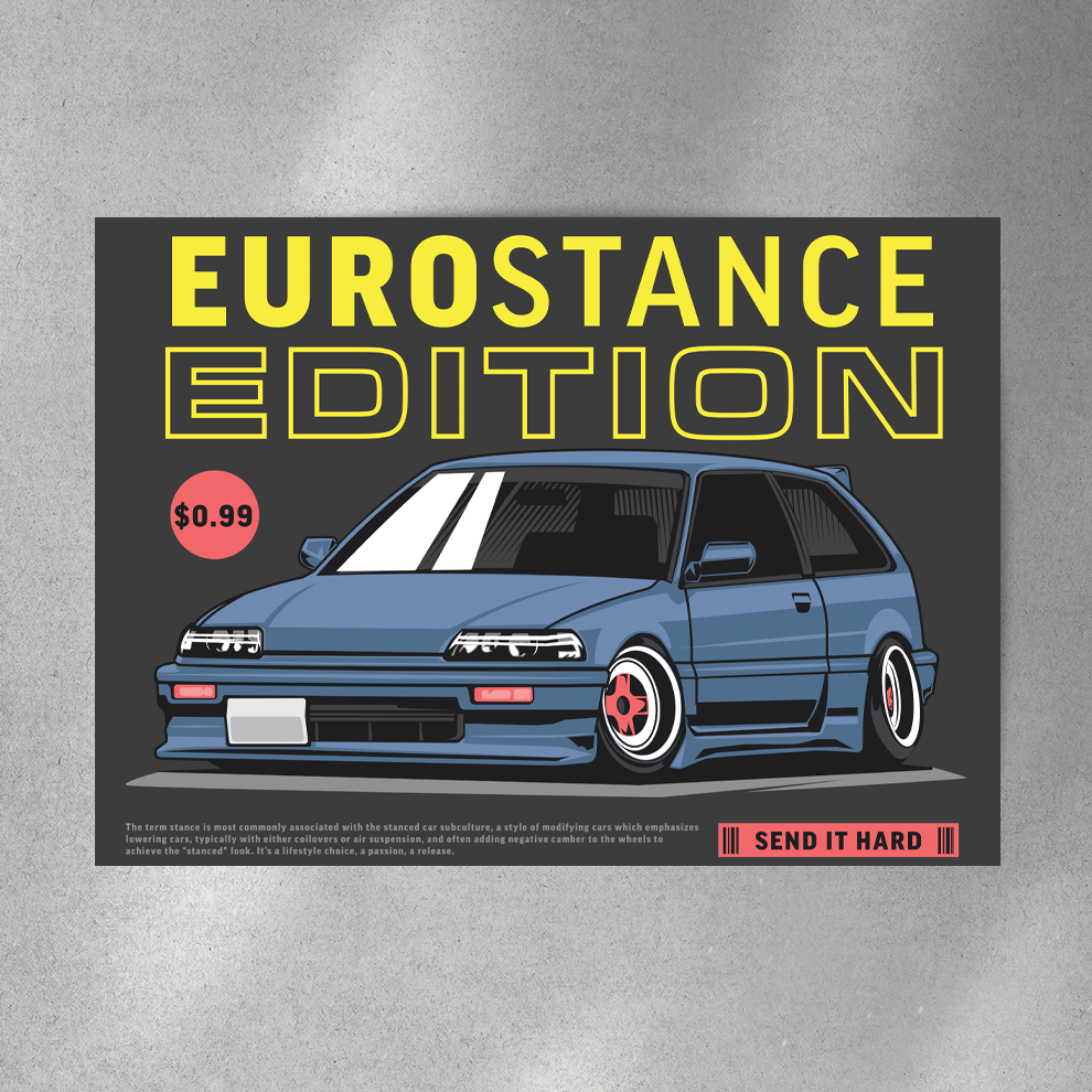 EuroStance Edition Poster showing a lowered blue hatchback under yellow EuroStance Edition lettering