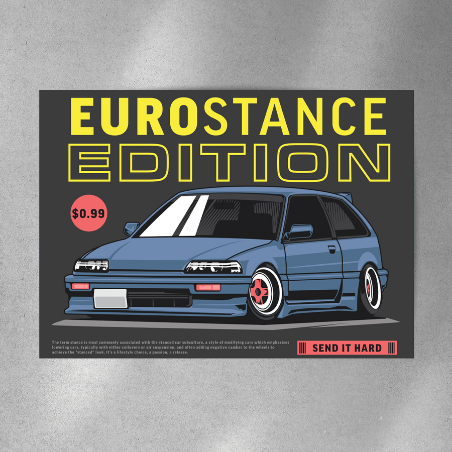 EuroStance Edition Poster showing a lowered blue hatchback under yellow EuroStance Edition lettering