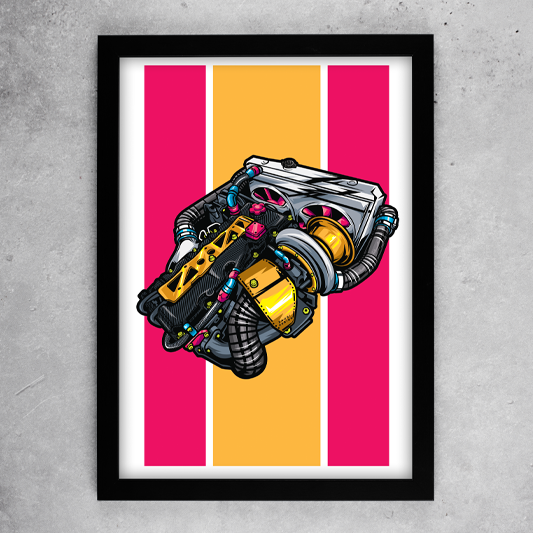 EuroStance The Engine V2 Art Poster, black framed engine illustration on pink and orange stripes