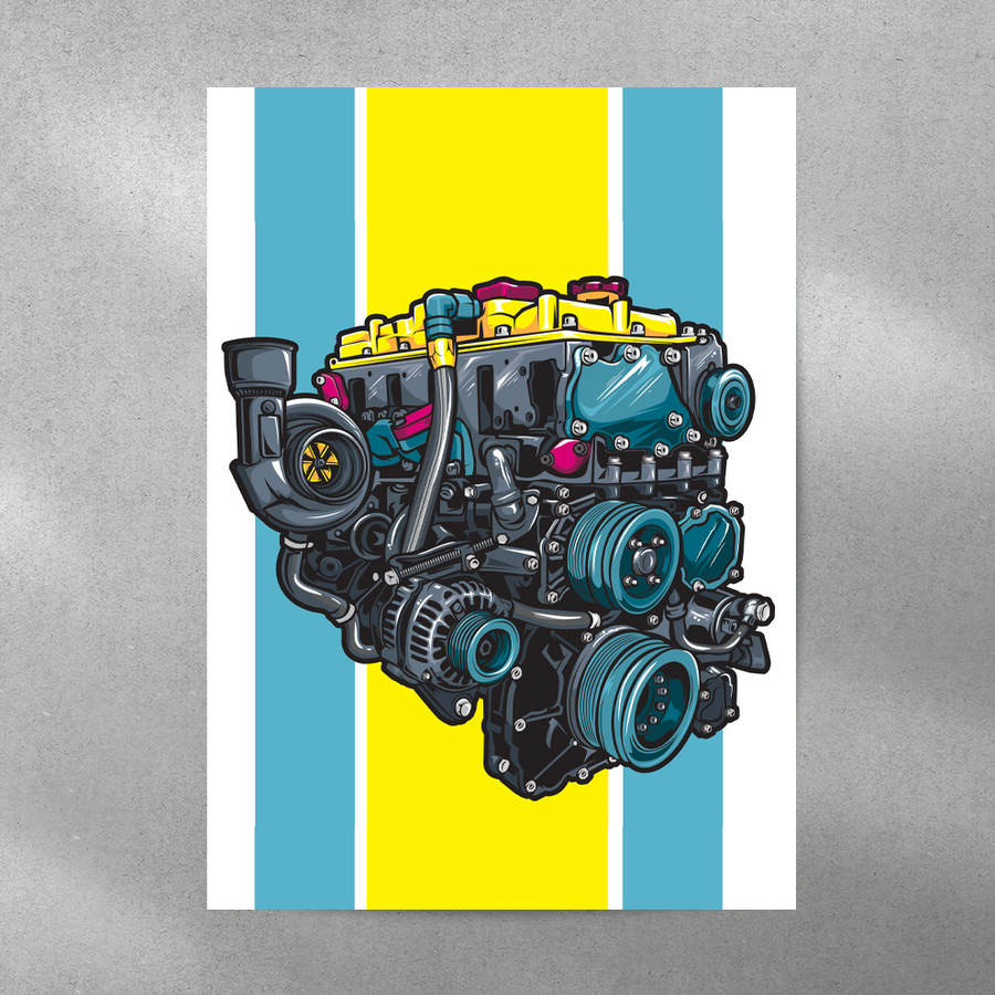 EuroStance The Engine Poster, illustrated turbocharged engine over blue and yellow racing stripes