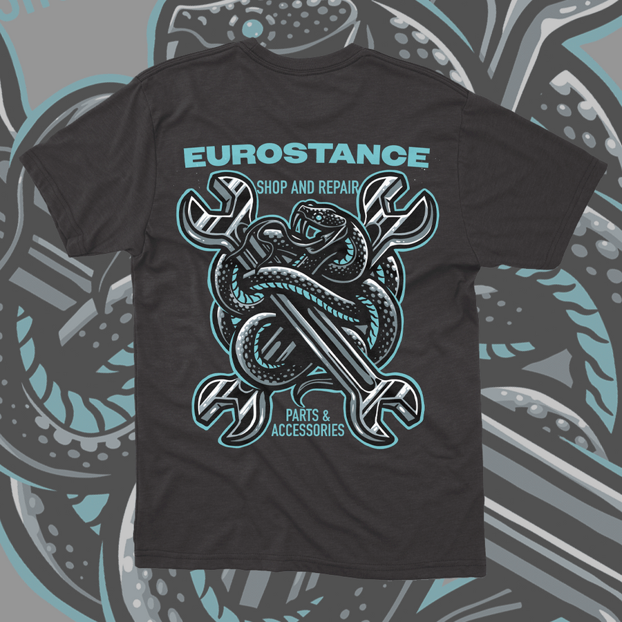EuroStance Spanner Snakes Tee in dark grey, back view with teal snake and spanners print