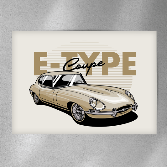 EuroStance E-Type Jag Art Poster, illustration of a gold E-Type coupe on a cream print