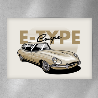 EuroStance E-Type Jag Art Poster, illustration of a gold E-Type coupe on a cream print