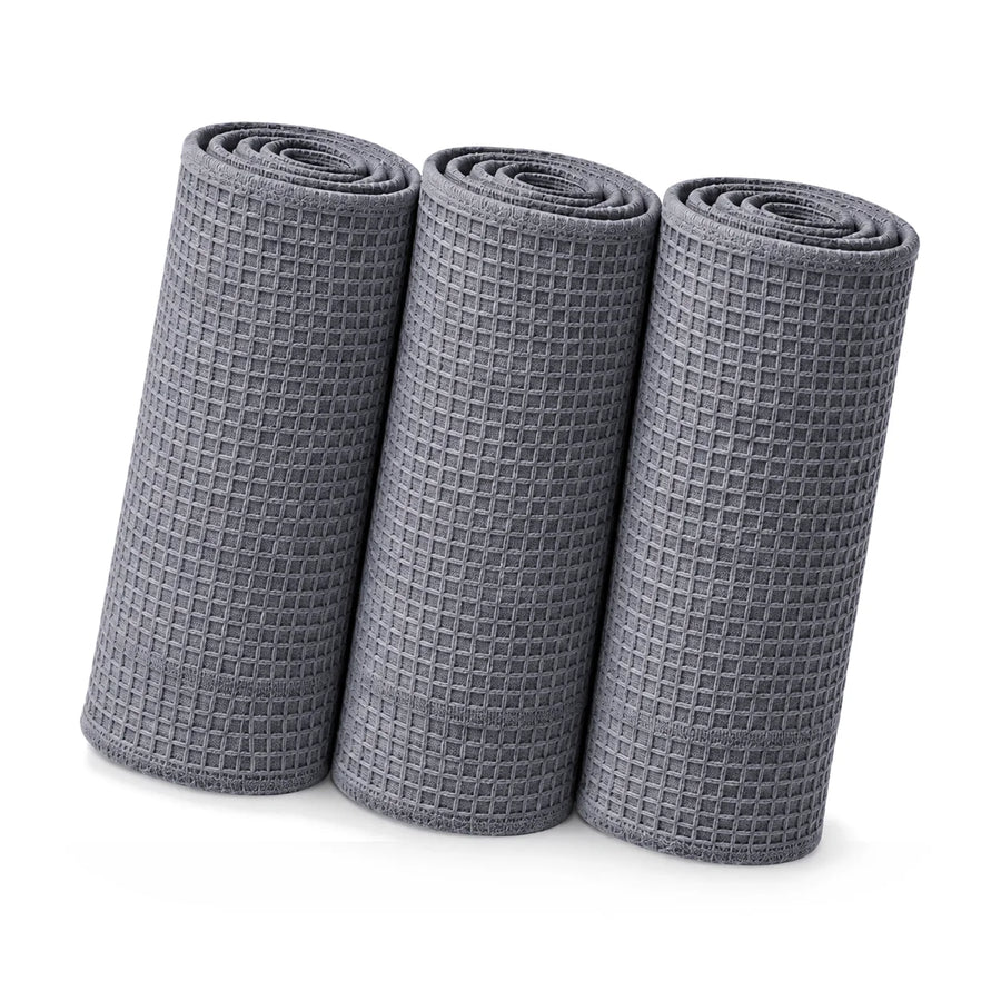 FibreKing Waffle Weave Glass Towels - 3 Pack | 300GSM Grey, product photo on white