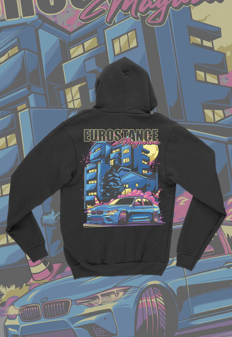 EuroStance Locally Hated BMW Hoodie back showing a blue BMW saloon and night city print