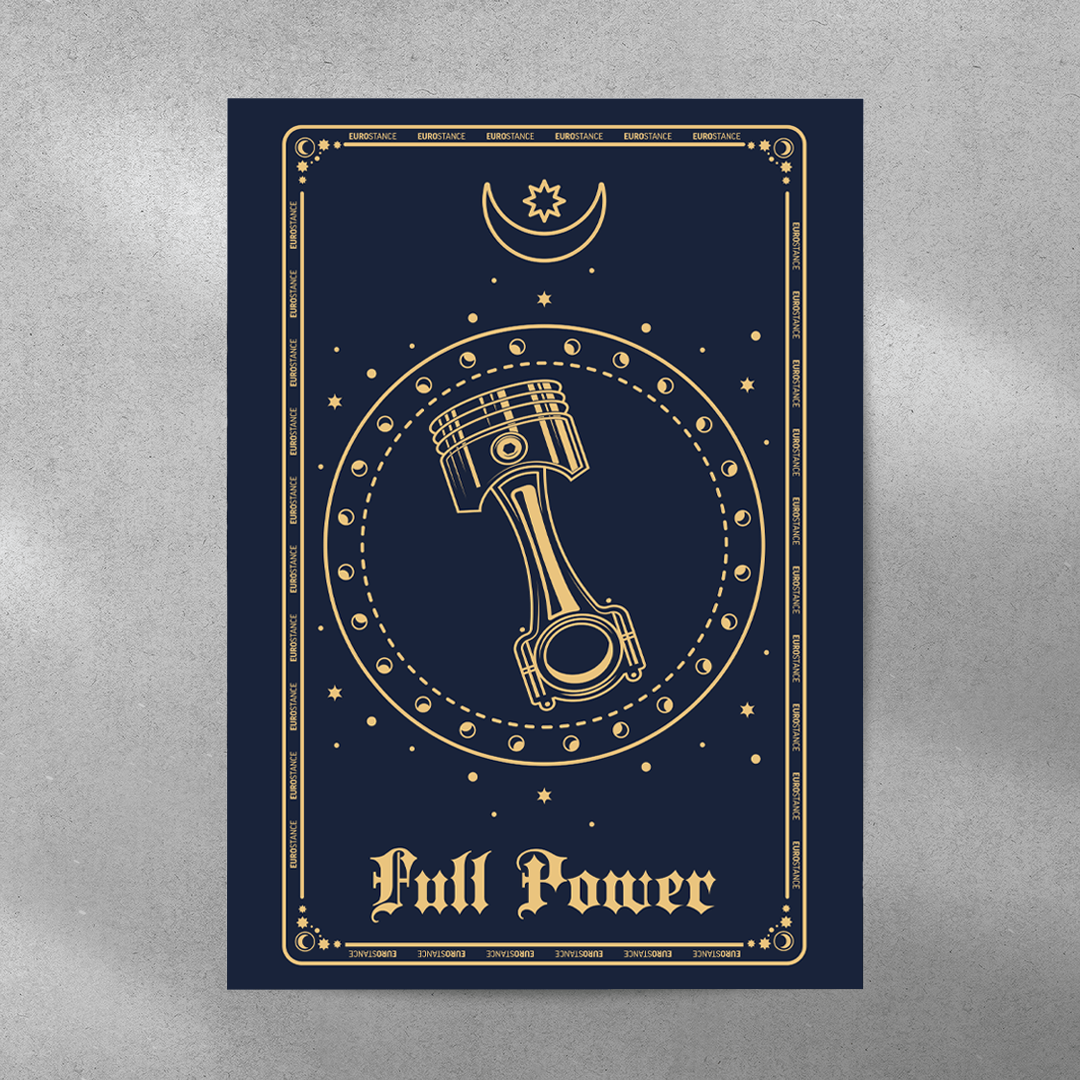 EuroStance Tarot FullPower Poster, a navy and gold tarot card showing an engine piston