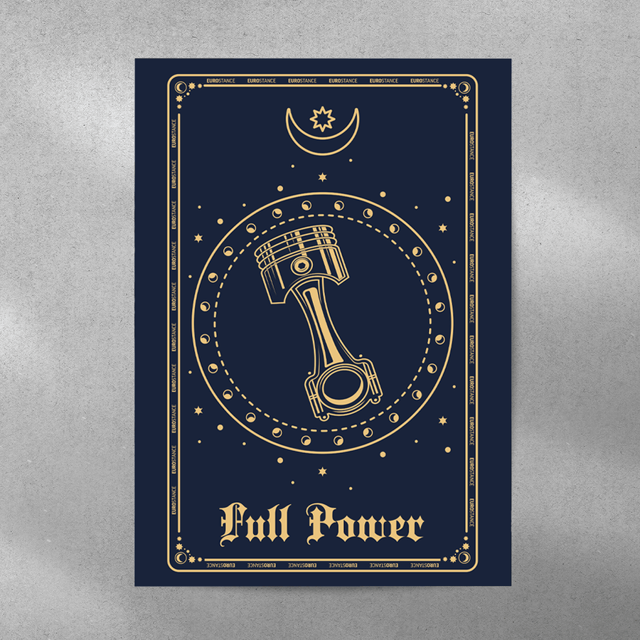 EuroStance Tarot FullPower Poster, a navy and gold tarot card showing an engine piston