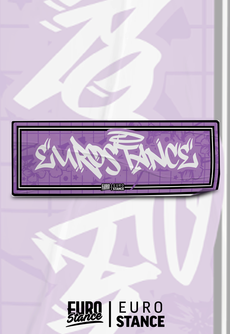 EuroStance Graffiti 1 Slap Sticker, purple sticker with white graffiti lettering on a lilac backdrop
