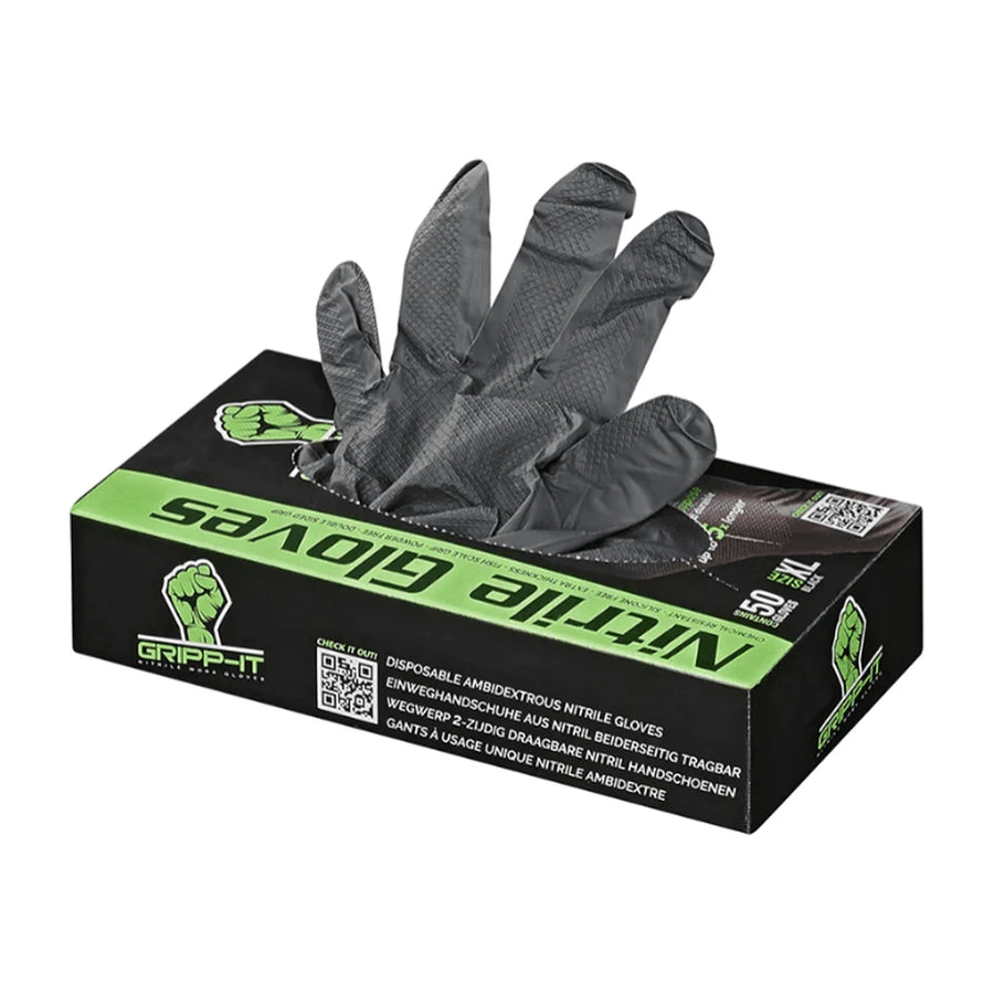 Gripp It black nitrile gloves dispenser box of 50 with one glove pulled from the top, product photo on white