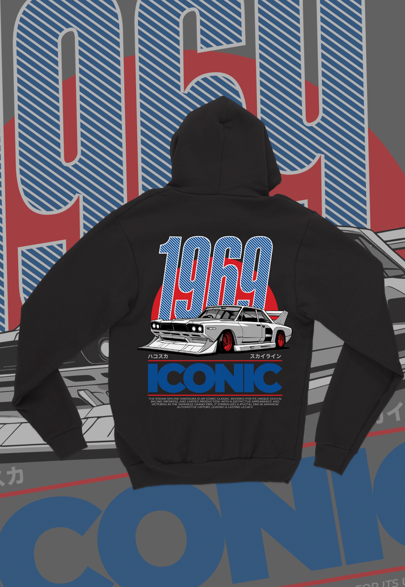 EuroStance 1960s Racing Division Hoodie back of the black hoodie with 1969 classic car print