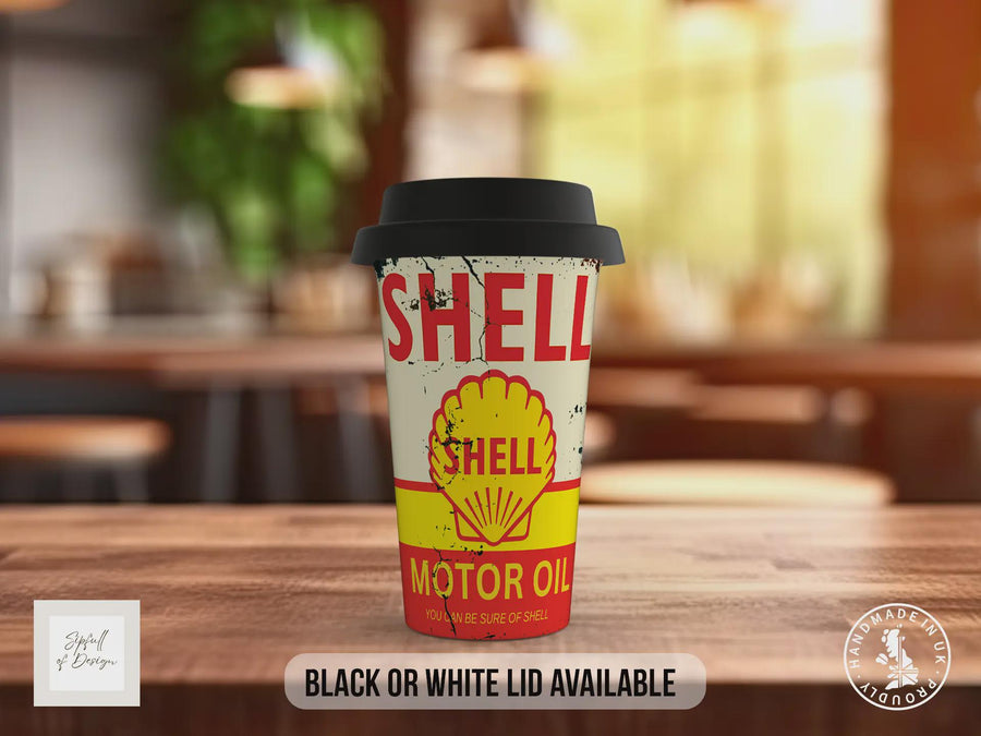 Shell Motor Oil Travel Mug - Vintage Petrolhead Insulated Coffee Cup