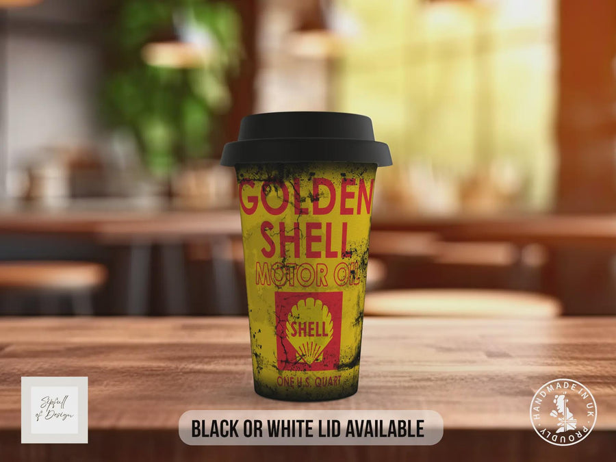 Golden Shell Travel Mug - Retro Motor Oil Insulated Coffee Cup
