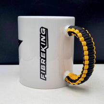 Fibreking Mug side view with the FibreKing wordmark and yellow and black braided handle