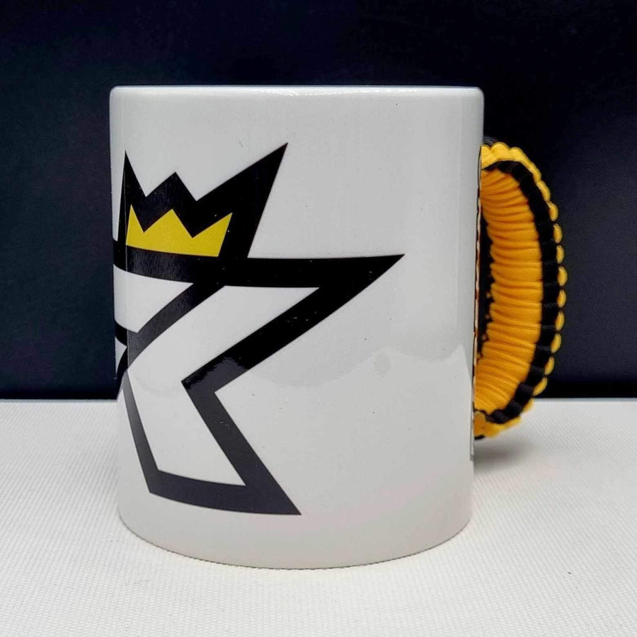 Fibreking Mug white with the crown logo print and a yellow and black braided handle