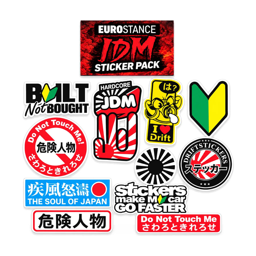 EuroStance JDM Sticker Pack: header card and all 11 stickers, product photo on white