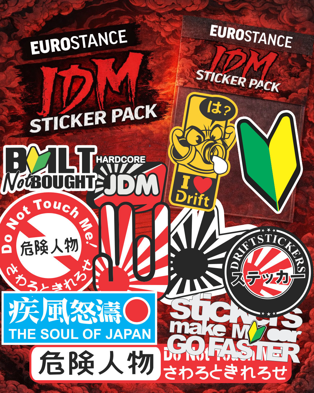 EuroStance JDM Sticker Pack, assorted Japanese style car stickers laid out around the packaging